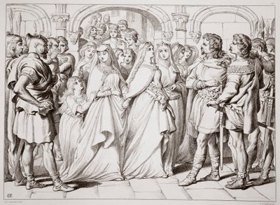 Alftruda genkender Hereward, illustration fra Hereward the Great af Charles Kingsley, pub. 1870, graveret af C.G. Lewis (stålpladegravering) af Henry Courtney Selous