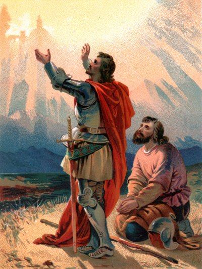 "Christian, titlens pilgrim, knæler forundret, da han og hans ledsager ankommer inden for synsvidde af den hellige by" af Henry Courtney Selous
