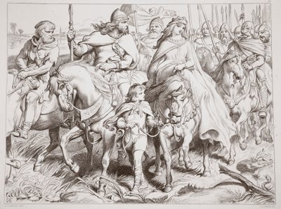 Hereward bevogter Alftruda til et sikkert sted, illustration fra Hereward den Store af Charles Kingsley, pub. 1870, graveret af C.G. Lewis (stålpladegravering) af Henry Courtney Selous