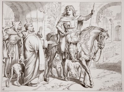 Hereward informerer sin onkel Prior om, at han er ved at blive forbudt, illustration fra Hereward den Store af Charles Kingsley, pub. 1870, graveret af C.G. Lewis (stålpladegravering) af Henry Courtney Selous