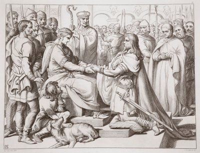 Hvordan Hereward kom ind til kongen, illustration fra Hereward den Store af Charles Kingsley, udgivet af Charles Kingsley. 1870, graveret af C.G. Lewis (stålpladestik) af Henry Courtney Selous