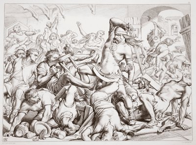 How Hereward ryddede Bourne for franskmænd, illustration fra Hereward the Great af Charles Kingsley, pub. 1870, graveret af C.G. Lewis (stålpladegravering) af Henry Courtney Selous