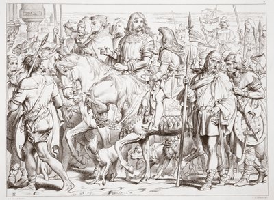 Hvordan Hereward går ind i den indviede fæstning St. Bertin, illustration fra Hereward den Store af Charles Kingsley, pub. 1870, graveret af C.G. Lewis (stålpladegravering) af Henry Courtney Selous