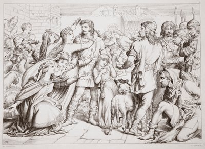 How Hereward slew the bear, illustration fra Hereward the Great af Charles Kingsley, pub. 1870, graveret af C.G. Lewis (stålpladegravering) af Henry Courtney Selous