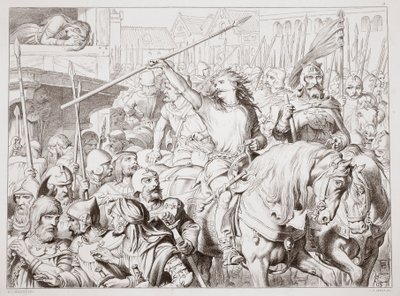 How Hereward turned Berserker, illustration fra Hereward the Great af Charles Kingsley, pub. 1870, graveret af C.G. Lewis (stålpladegravering) af Henry Courtney Selous