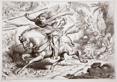 Hvordan Hereward blev fanget i en fælde, illustration fra Hereward the Great af Charles Kingsley, pub. 1870, graveret af C.G. Lewis (stålpladegravering) af Henry Courtney Selous