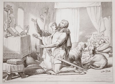 Hvordan Torfrida lærer Hereward at bede, illustration fra Hereward the Great af Charles Kingsley, udgivet af Charles Kingsley. 1870, graveret af C.G. Lewis (stålpladestik) af Henry Courtney Selous