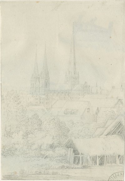 Lichfield Cathedral - South West View: blyantstegning, nd [?1788-1855] (tegning) af Henry Curzon Allport