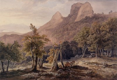 Klippelandskab med figurer og en sø i baggrunden af Henry Curzon Allport