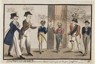 Skuffede Dandies: Eller et forgæves forsøg på at få et kig på messen Circassian, 1819 (pen, pensel, blæk & wc på papir) af Henry E. O. OConnor
