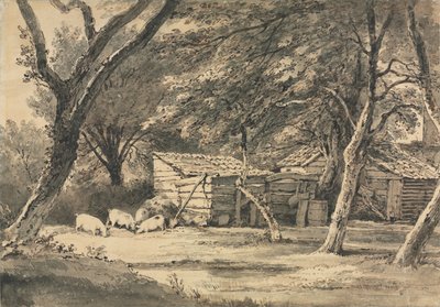 Gård med grise, der fouragerer af Henry Edridge