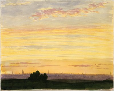 By og solnedgang (akvarel) af Henry Farrer