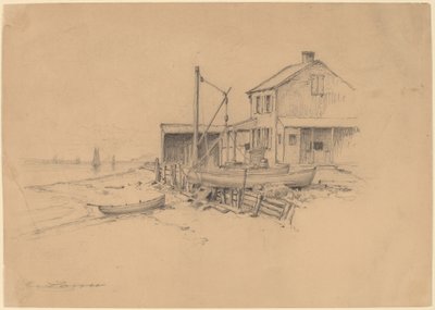 Fiskerbåde og hytte af Henry Farrer