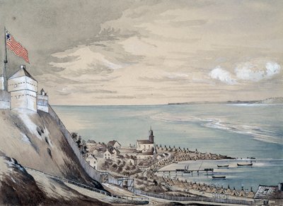 Fort og landsby Mackinaw, med den indiske lejr, september 1842 (wc på papir) af Henry Francis Ainslie