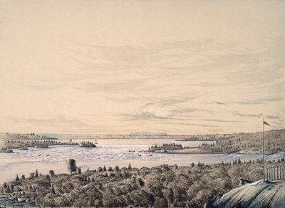 Sault de Ste. Marie mellem Lakes Huron og Superior, 1842 (wc på papir) af Henry Francis Ainslie