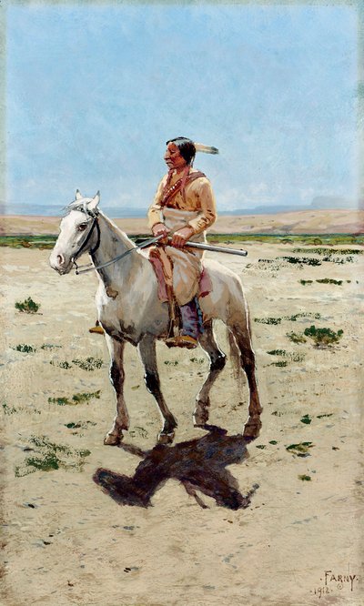 Cheyenne-spejder. En indianer til hest med et gevær. Maleri af Henry Francois Farny (1847-1916) af Henry Francois Farny
