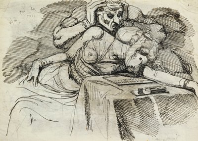 En kvinde, der falder i svime ved et skrivebord, med en truende skikkelse bagved af Johann Heinrich Füssli
