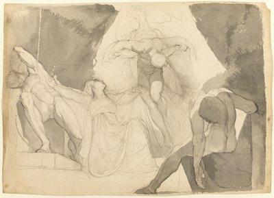 Hjælpet af Eeriboia bærer Hermes de udmattede Ares fra Aloeus sovende Sønner (recto); Skitse af en af de sovende sønner af Aloeus (verso) af Johann Heinrich Füssli