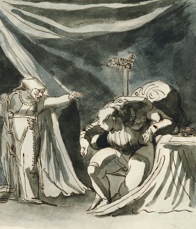 En gammel kvinde iført en rosenkrans, der forbander en siddende mand; Måske dronning Margaret forbander hertugen af Gloucester, af Johann Heinrich Füssli