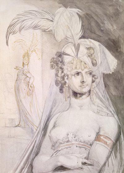 Halvfigur af en kurtisane med fjer, en sløjfe og et slør i håret, 1800-10 (blyant, wc og blæk på papir) af Johann Heinrich Füssli