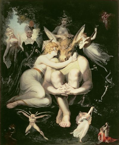 Titania vågner, omgivet af ledsagende feer, klamrer sig henrykt til bunden, stadig iført røvhovedet, 1793-4 af Johann Heinrich Füssli