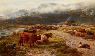 Highland Dreve Resting, Argyllshire (olie på lærred) af Henry Garland