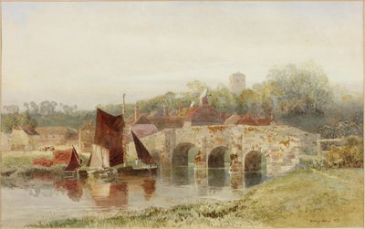 Landsby med bro (akvarel på papir) af Henry George Hine