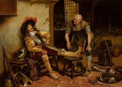 A Splendid Fit, en mand, der er udstyret med rustning (chromolitho) af Henry Gillard (after) Glindoni