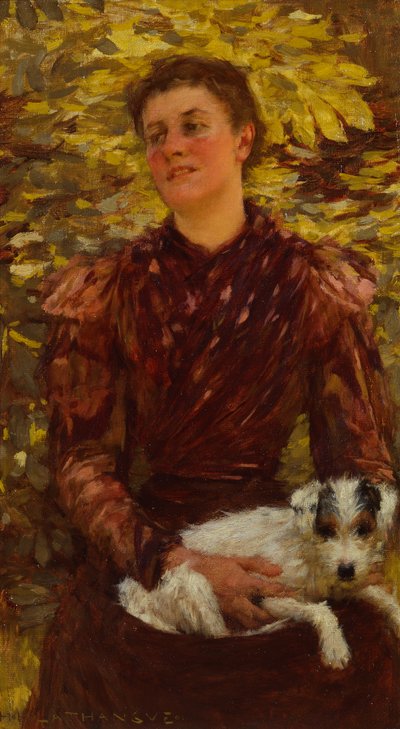Ung pige med en hund (olie på lærred) af Henry Herbert La Thangue