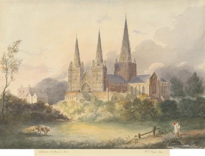 Lichfield Cathedral - West View: vandfarvemaleri, 1844 af Henry James Noyes