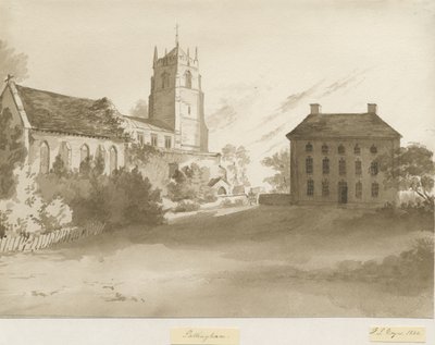 Pattingham Church and Vicarage House: sepia vask tegning, 1844 af Henry James Noyes