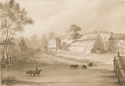 Trysull Mølle: sepia vask tegning af Henry James Noyes
