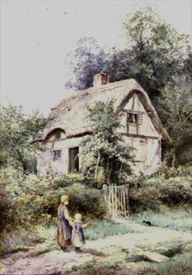 To piger og en killing ved et stråtækt sommerhus af Henry John Sylvester Stannard