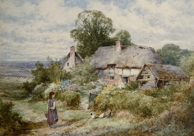 Ung pige fodrer høns uden for et sommerhus af Henry John Sylvester Stannard