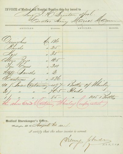 Faktura over medicinske og hospitalsbutikker, underskrevet Henry Johnson, 30. august 1864 af Henry Johnson