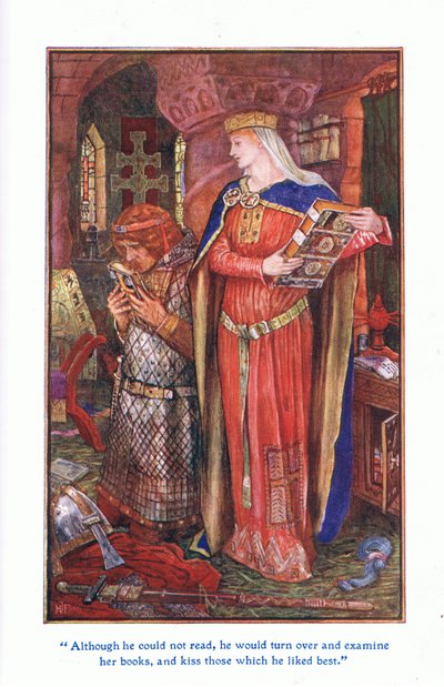 Selvom han ikke kunne læse, vendte han sig om og undersøgte hendes bøger og kyssede dem, han bedst kunne lide, 1912 af Henry Justice Ford
