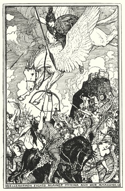 Bellerophon kæmper mod Myrina og hendes amazoner (litho) af Henry Justice Ford