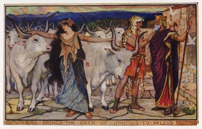 Bias bringer okserne fra Iphiclus til Neleus (farve litho) af Henry Justice Ford