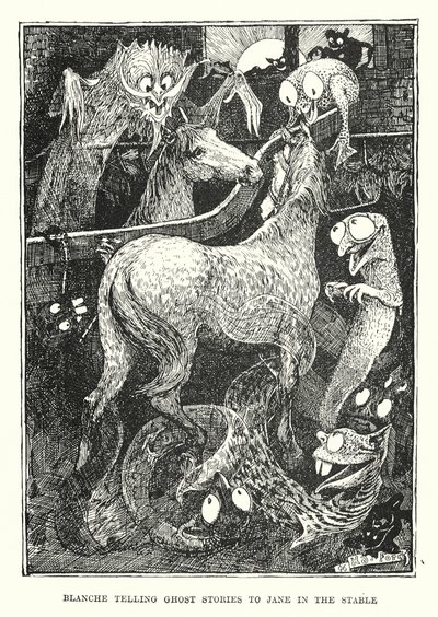 Blanche fortæller spøgelseshistorier til Jane i stalden (kobberstik) af Henry Justice Ford