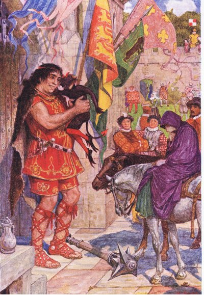 Flibbertigibbet klædt ud som en djævel pacificerer kæmpen, da Wayland bringer Amy til Kenilworth Castle, illustration fra Kenilworth, ca. 1910 af Henry Justice Ford