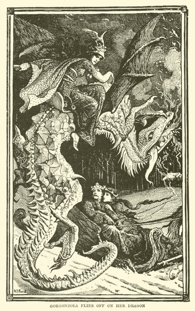 Gorgonzola flyver afsted på sin drage (gravering) af Henry Justice Ford