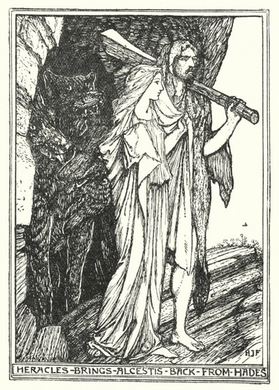 Heracles bringer Alcestis tilbage fra Hades (litho) af Henry Justice Ford