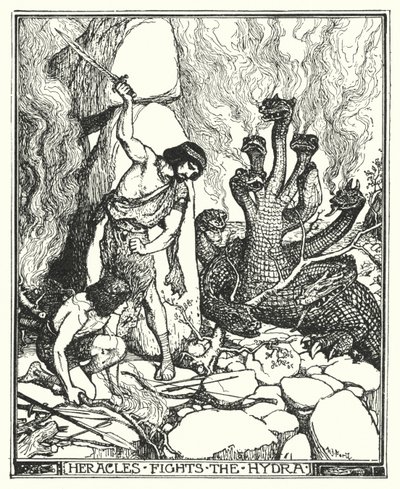 Herakles bekæmper Hydraen (litho) af Henry Justice Ford