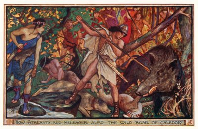 Hvordan Atalanta og Meleager dræbte vildsvinet i Caledon (farvelitografi) af Henry Justice Ford