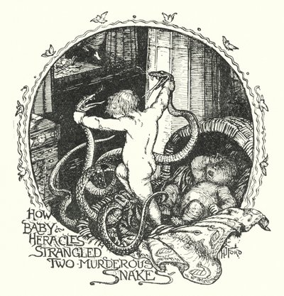 Hvordan Baby Heracles kvalte to morderiske slanger (litho) af Henry Justice Ford