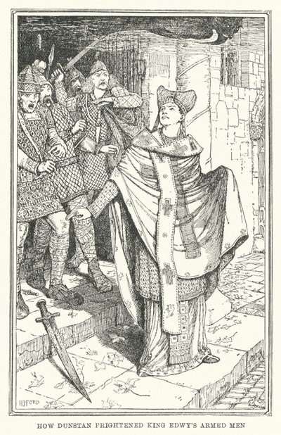 Hvordan Dunstan skræmte kong Edwys bevæbnede mænd (litho) af Henry Justice Ford