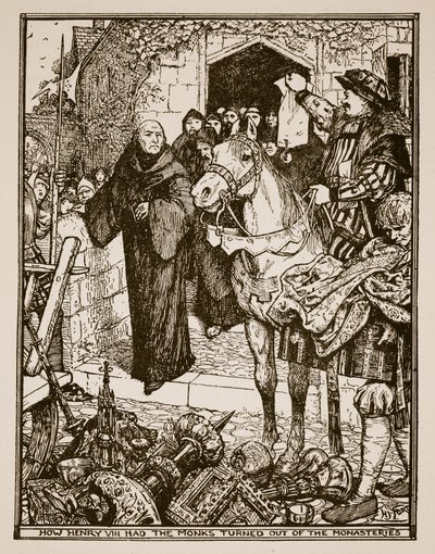 Hvordan Henrik VIII fik munkene vendt ud af klostrene, illustration fra 