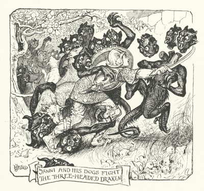 Janni og hans hunde bekæmper den trehovedede draken (gravering) af Henry Justice Ford