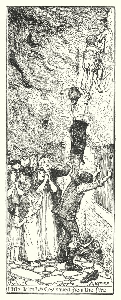 Lille John Wesley reddet fra ilden (litho) af Henry Justice Ford