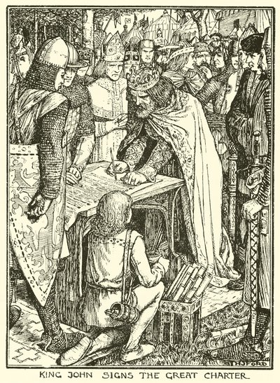 Magna Carta. Kong John underskriver det store charter (gravering) af Henry Justice Ford